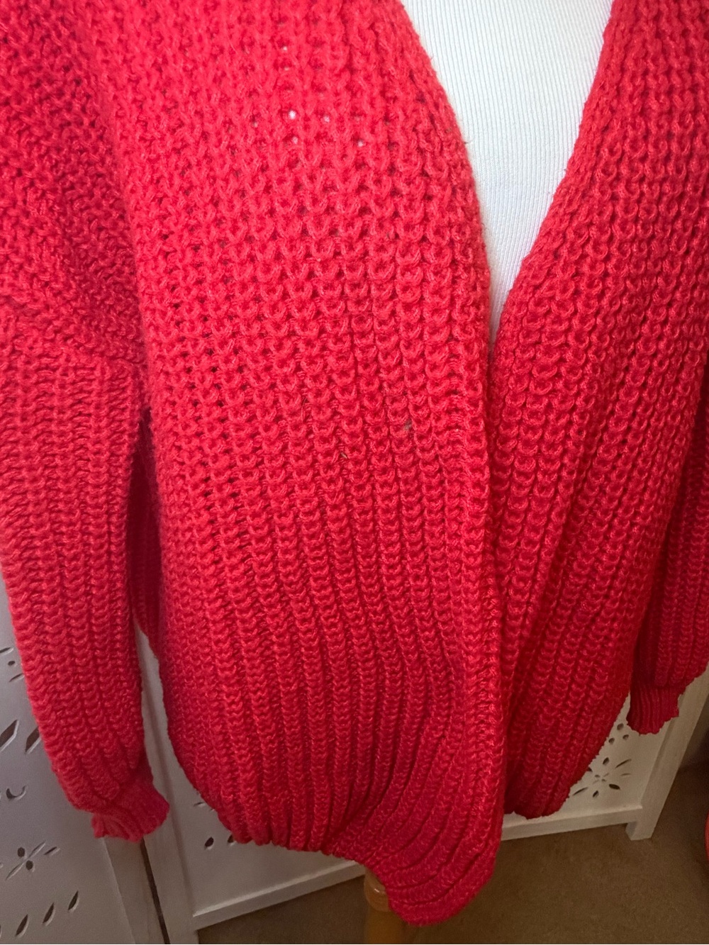 Red Women's Chunky Knit Cardigan Sweater - Picture 2 of 9